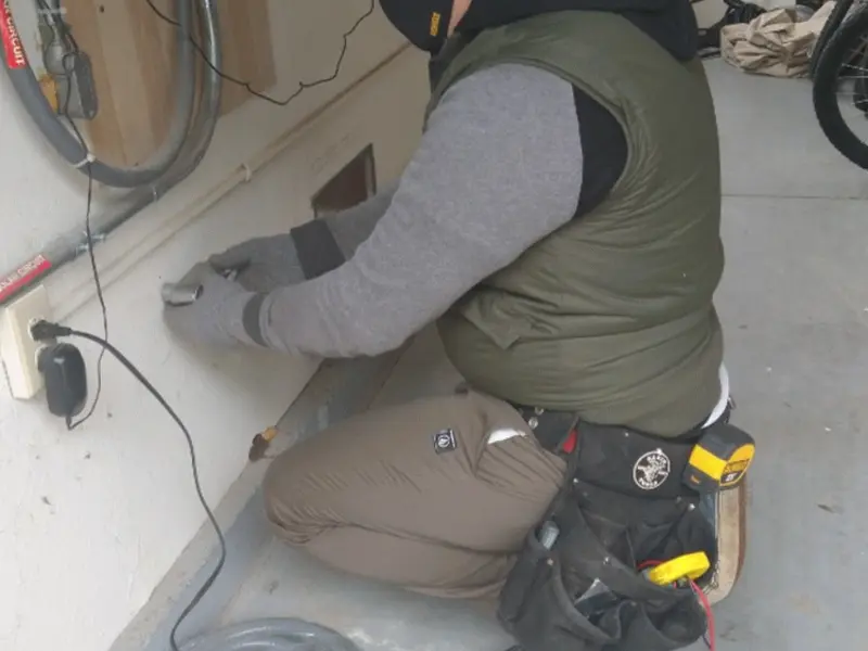 Electrician performing outlet wiring in a West Melbourne garage